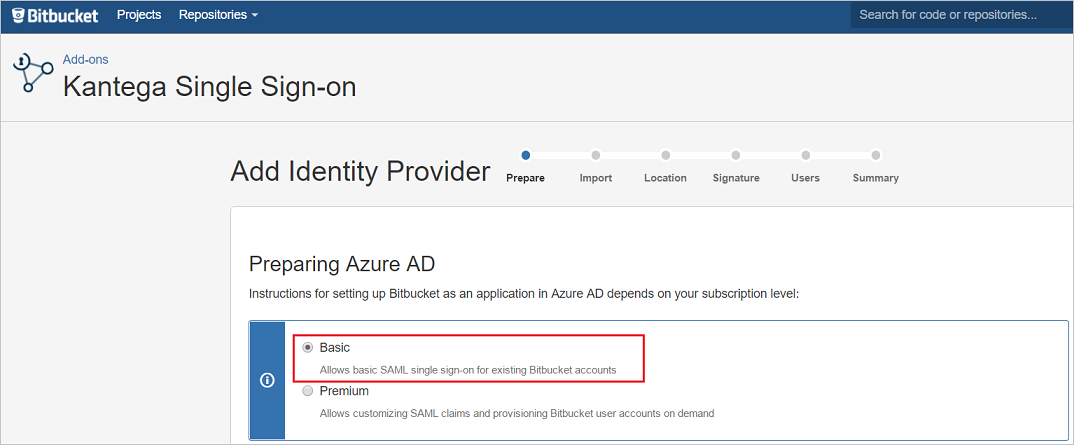 Screenshot shows Prepare Azure A D with Basic selected.