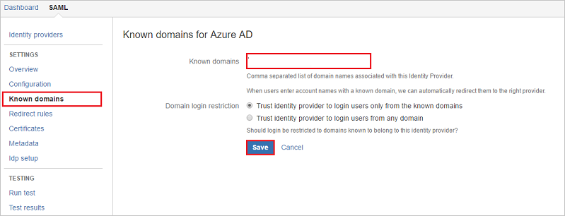 Screenshot that shows the "Known domains for Azure AD" page with the "Known domains" textbox highlighted and the "Save" button selected.