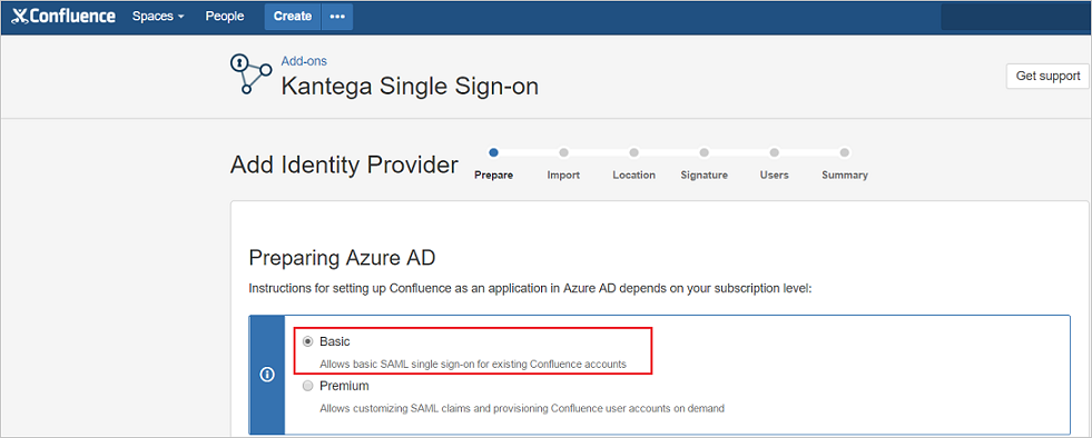 Screenshot that shows the "Preparing Azure AD" page with "Basic" selected.