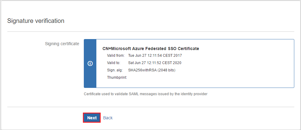 Screenshot that shows the "Signature verification" section information and the "Next" button selected.