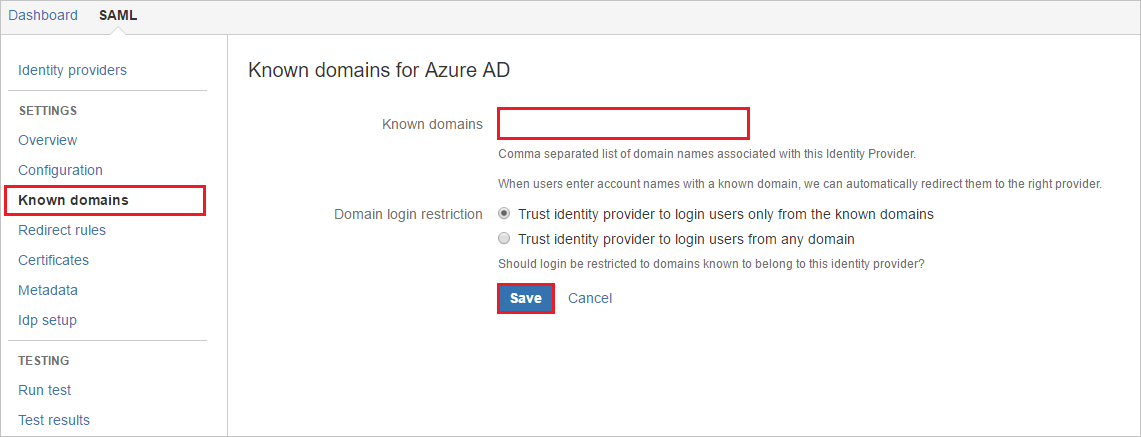 Screenshot that shows the "Known domains for Azure A D" section with the "Save" button selected.
