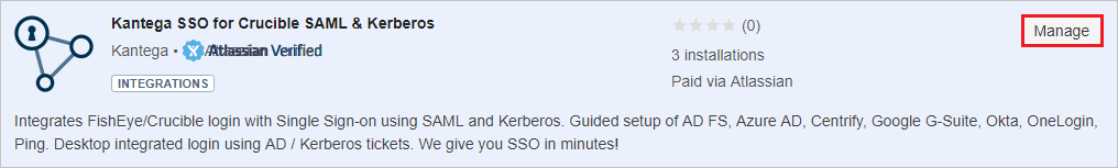 Screenshot that shows the "Kantega S S O for Crucible S A M L & Kerberos" app page and the "Manage" button selected.