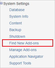 Screenshot that shows the "System Settings" section with "Find New Add-ons" selected.