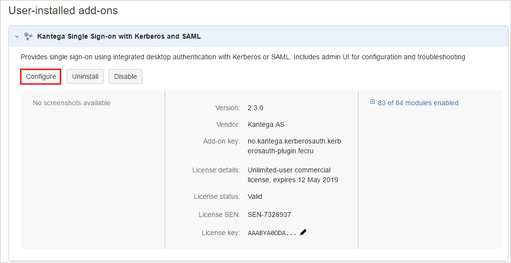 Screenshot that shows the "User-installed add-ons" page and the "Configure" button selected.
