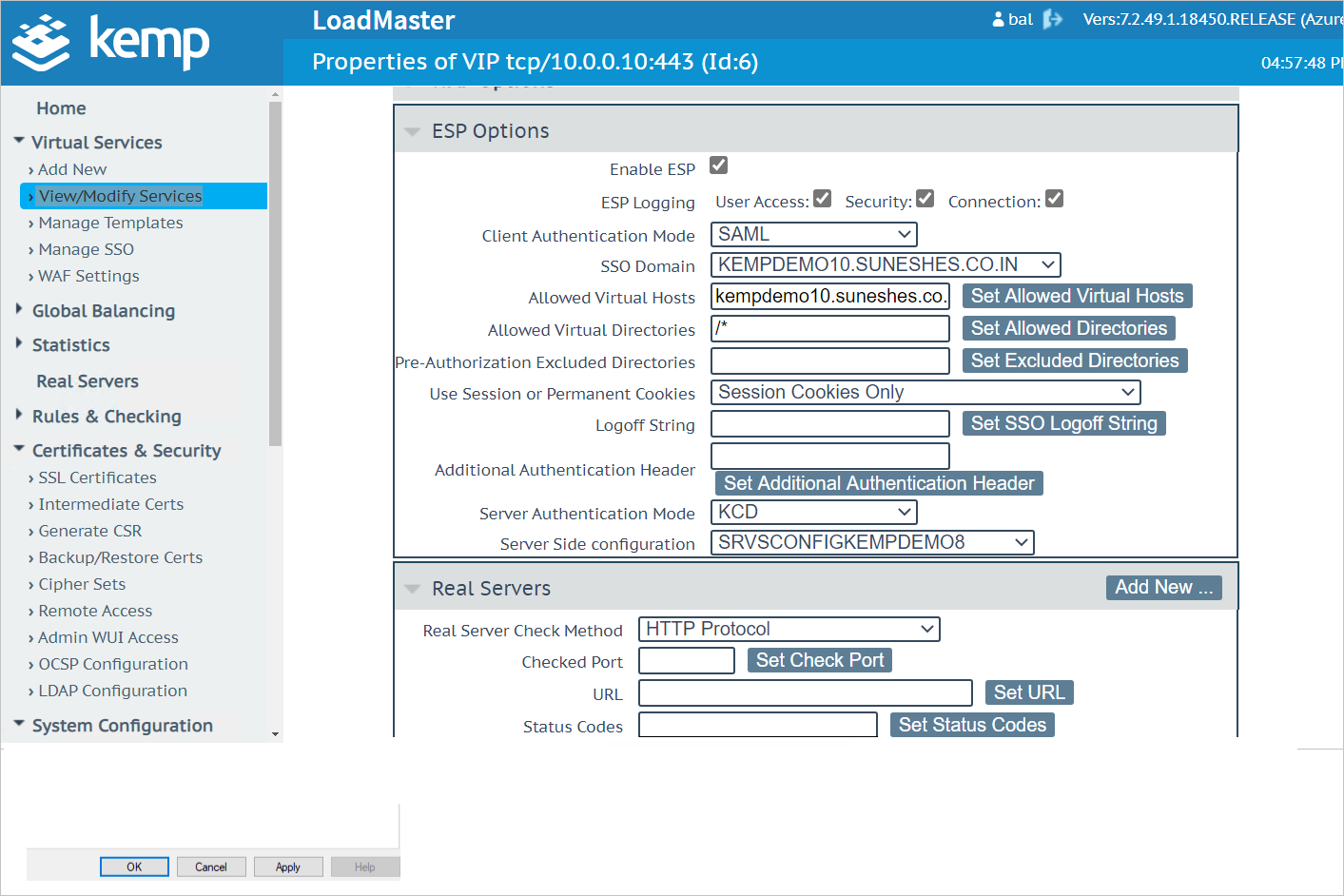 Kemp LoadMaster Azure AD integration webserver