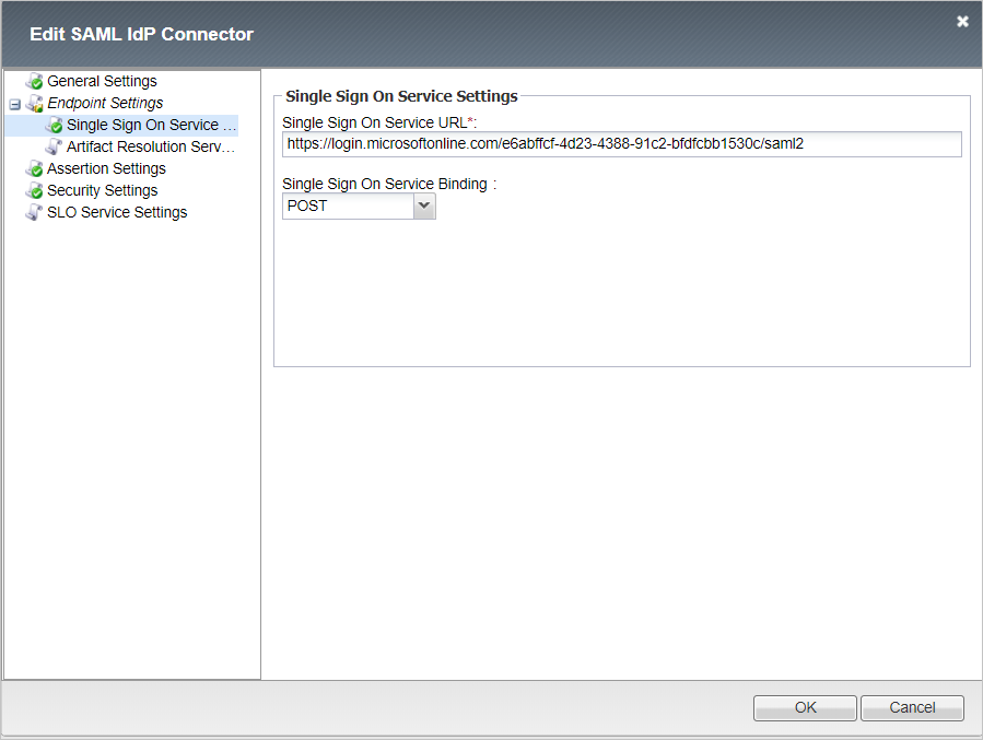 Screenshot that shows the "Edit S A M L I d P Connector" window with "Single Sign On Service Settings" selected.