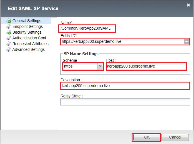 Screenshot that shows the "Edit S A M L S P Service" window with "General Settings" selected.