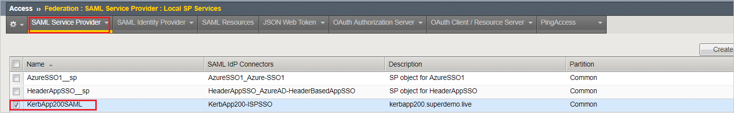 Screenshot that shows the "S A M L Service Provider - Local S P Services" page with "KerbAPP200 S A M L" selected.