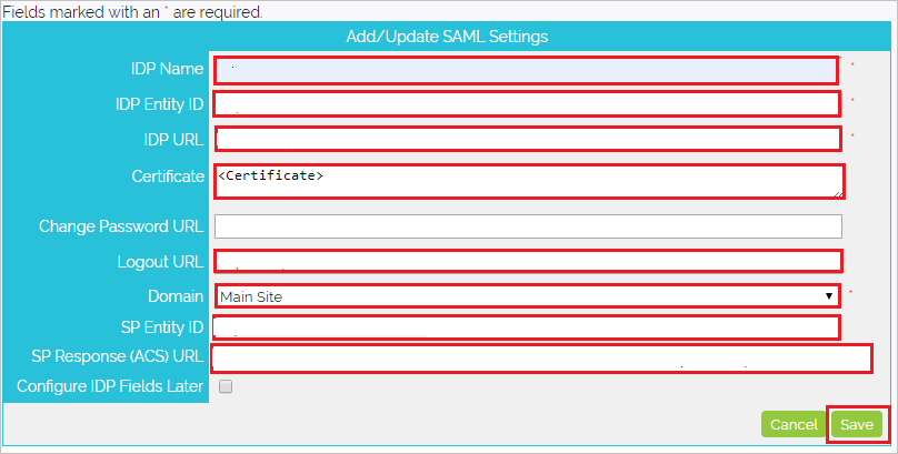 Screenshot shows the Add/Update SAML Settings page where you can make the changes described here.