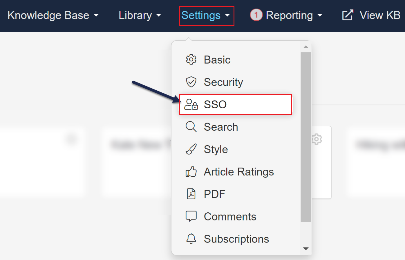 Screenshot shows SSO selected from the Settings menu.