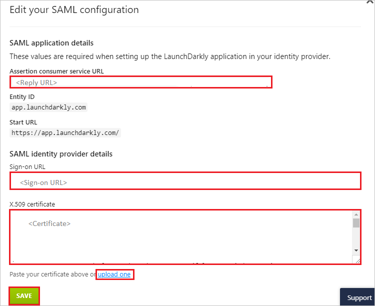 Screenshot shows the Edit your SAML configuration section where you can make the changes described here.