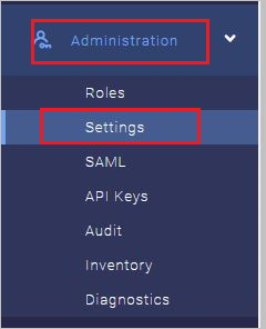 Screenshot shows Settings selected from the Administration menu.