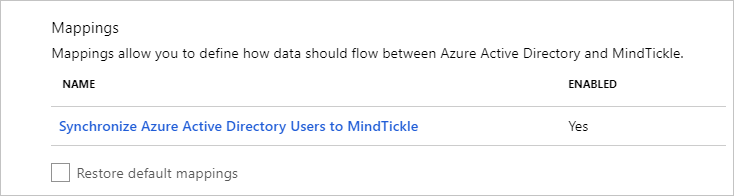 Screenshot of the Mappings section. Under Name, Synchronize Azure Active Directory Users to MindTickle is visible.