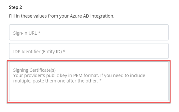 Screenshot shows Step two of the procedure where you fill in values from your Azure A D integration.
