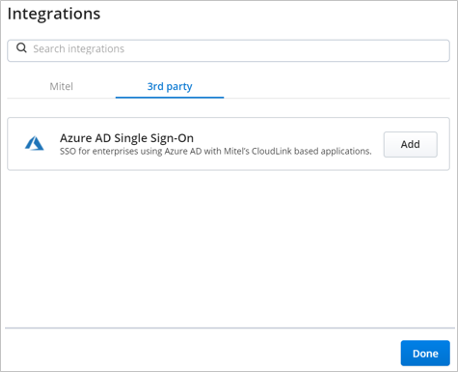 Screenshot shows the Integrations page where you can add Azure A D Single Sign-On.