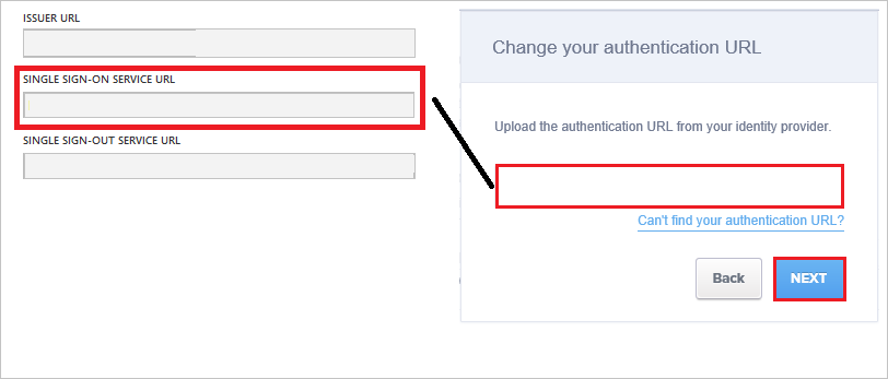 Screenshot shows the Change your authentication U R L pane where you can copy your Login U R L.