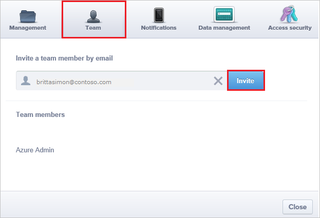 Screenshot shows the Team tab where you add an address to Invite.
