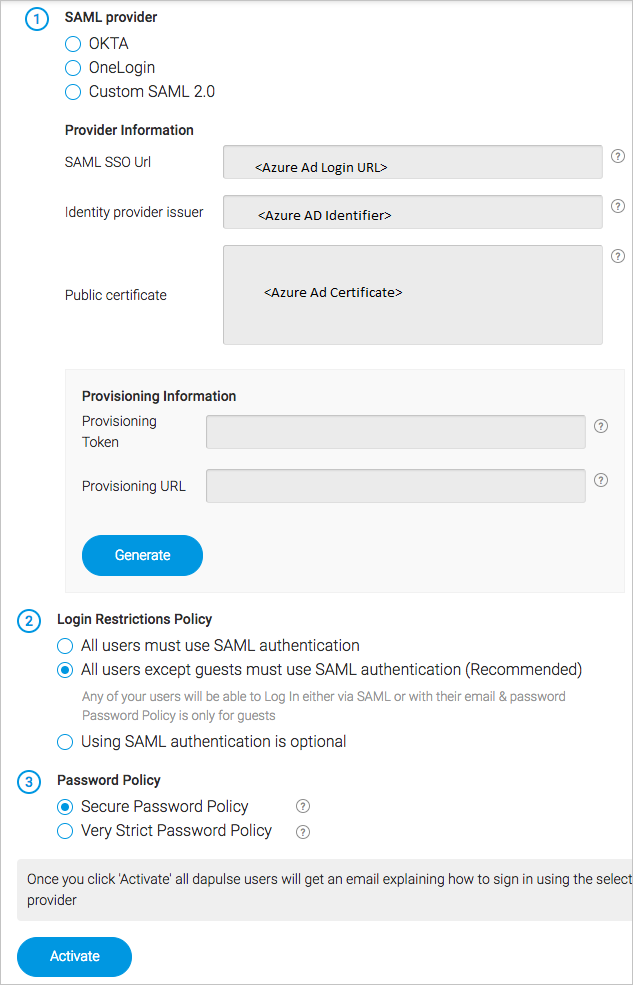 Screenshot shows the SAML provider where you can enter information from your I D P.