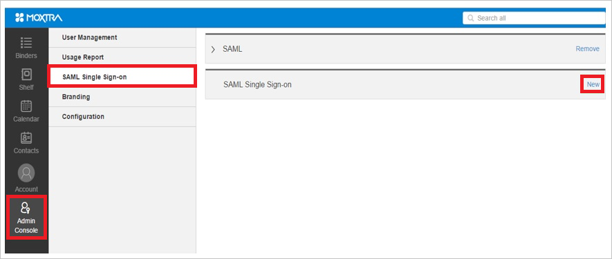 Screenshot shows the S A M L Single Sign-on page with the option to create a new S A M L Single Sign-on.