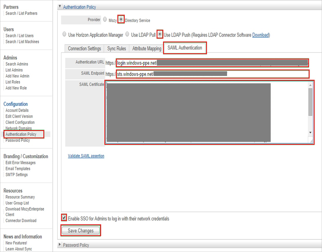 Authentication policy Screenshot shows the Authentication Policy section where you can enter the values described.