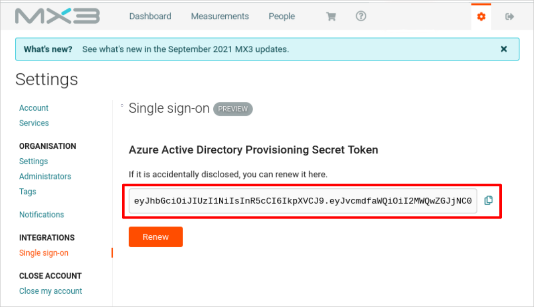 Screenshot of MX3 Diagnostics Connector's secret token for Azure AD.