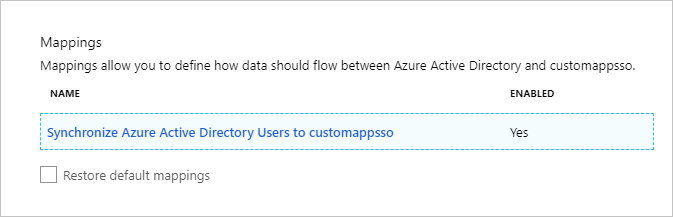 Screenshot of the Mappings section. Under Name, Synchronize Azure Active Directory Users to customappsso is visible.