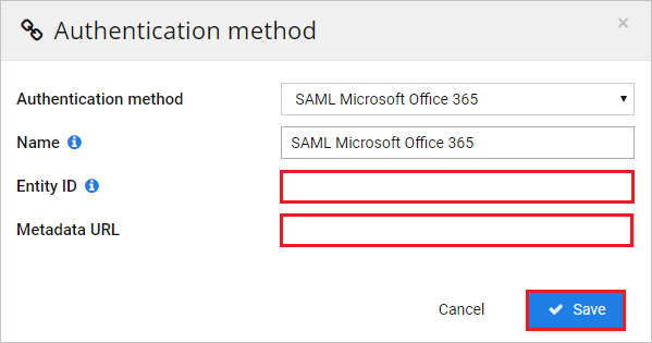 Screenshot shows Authentication method where you can enter the values described.