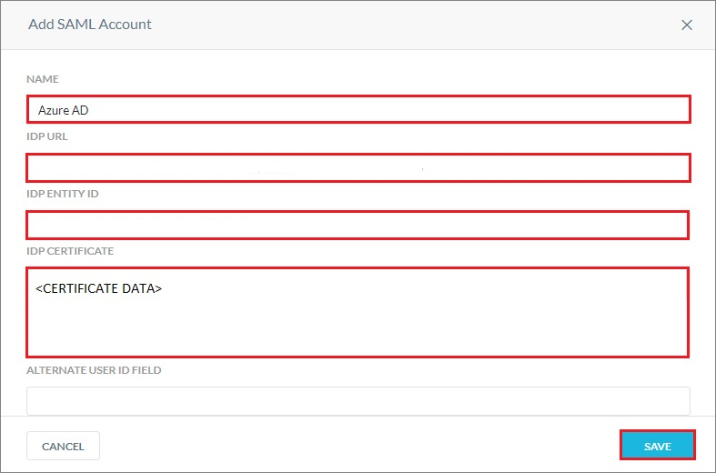 Screenshot shows Add SAML Account where you can enter the values described.