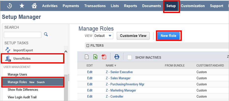 Screenshot shows the Manage Roles pane where you can select New Role.