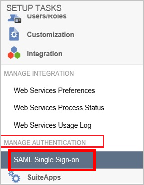 Screenshot show SAML Single Sign-on selected from the Integration item in SETUP TASKS.