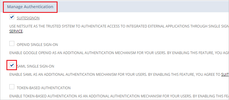 Screenshot shows Manage Authentication where you can select SAML Single Sign-on.
