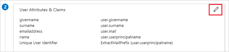 Screenshot of User Attributes & Claims section, with pencil icon highlighted.