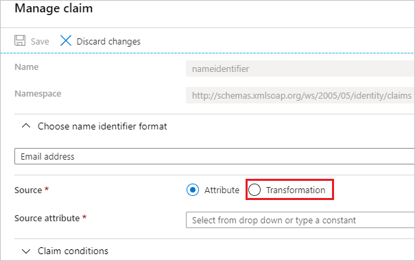 Screenshot of Manage claim section, with Transformation highlighted.