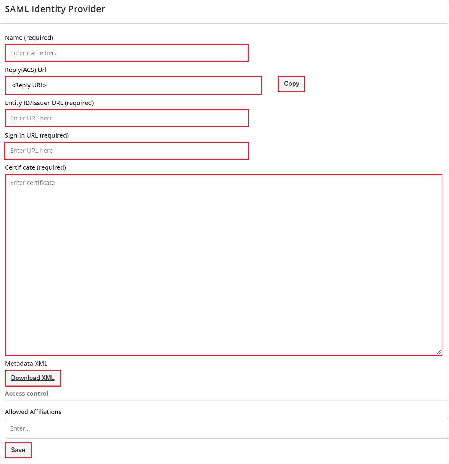 Screenshot shows SAML settings