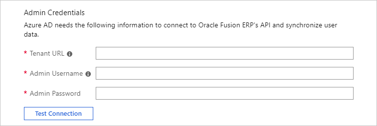 Screenshot of the Admin credentials section. A Test connection button and fields for a Tenant U R L, admin username, and admin password are visible.