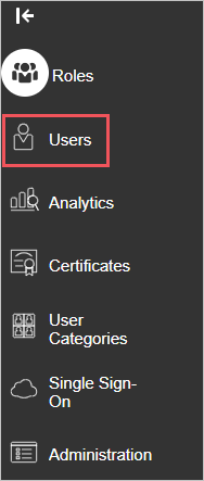 Screenshot of a panel in the Oracle Fusion E R P admin console. The Users item is highlighted.
