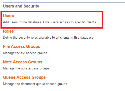Screenshot that shows the "Users and Security" dialog with "Users" selected.