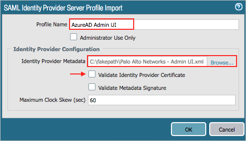 Screenshot shows the "SAML Identify Provider Server Profile Import" window.