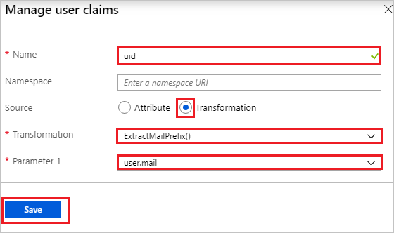 Screenshot that shows the "Manage user claims" dialog with the "Name", "Transformation", and "Parameter" text boxes highlighted, and the "Save" button selected.