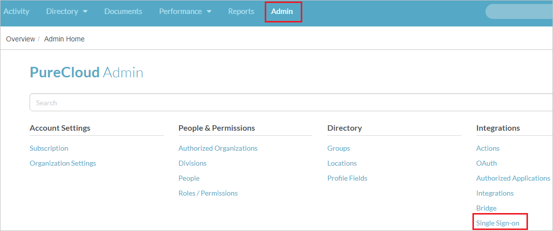 Screenshot shows the PureCloud Admin window where you can select Single Sign-on.