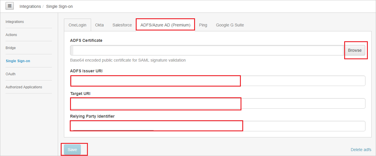 Screenshot shows the Integrations page where you can enter the values described.