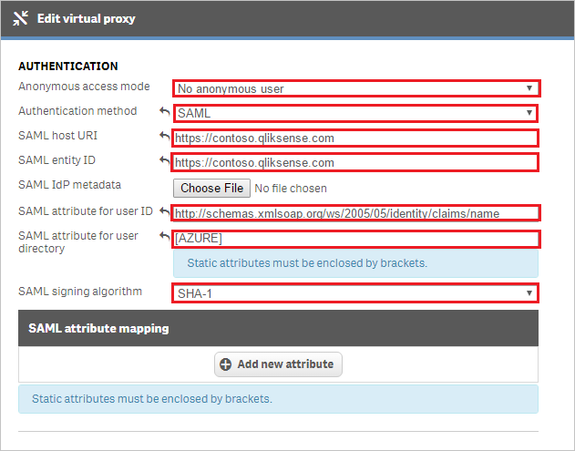 Screenshot shows Edit virtual proxy Authentication section where you can enter the values described.