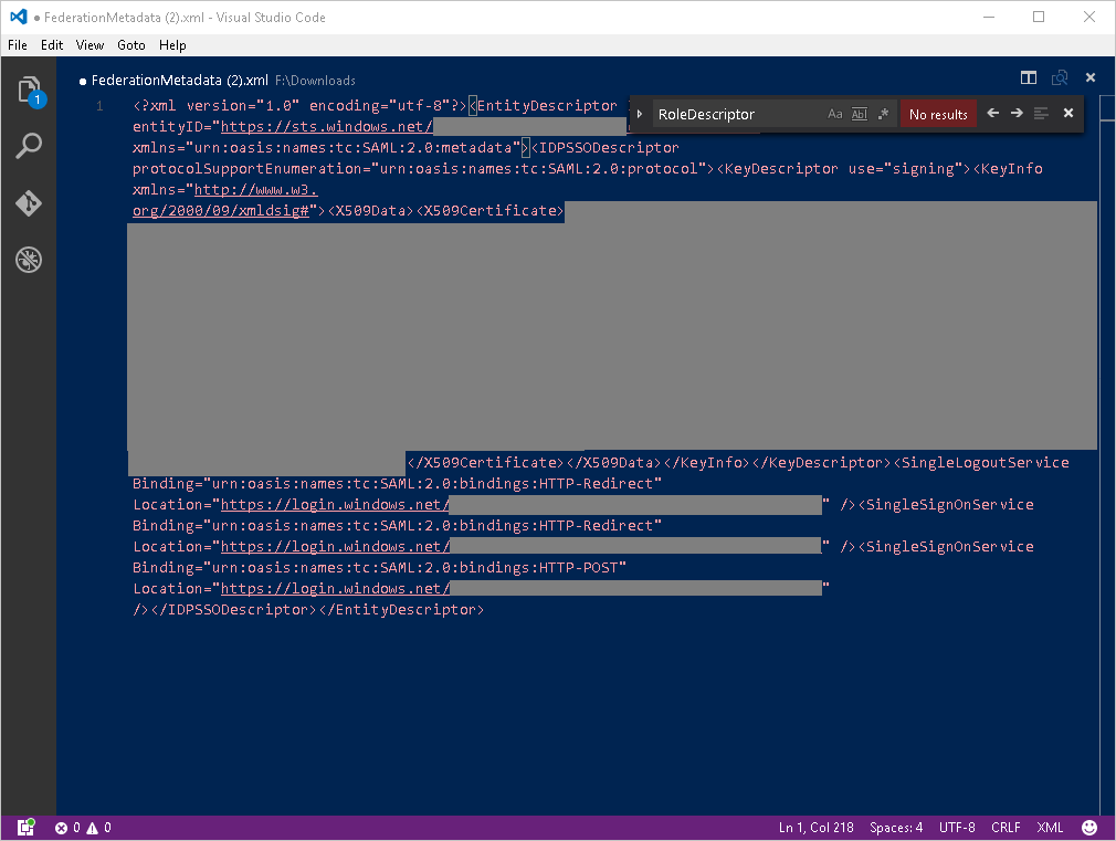 Screenshot shows a Visual Studio Code window with the Federation Metadata X M L file.