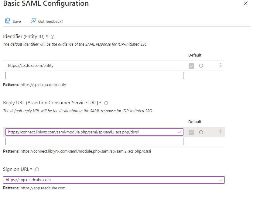 Screenshot that shows example settings in the SAML Configuration pane.