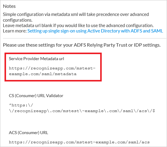 Screenshot shows Notes, where you can copy the Service Provider Metadata.