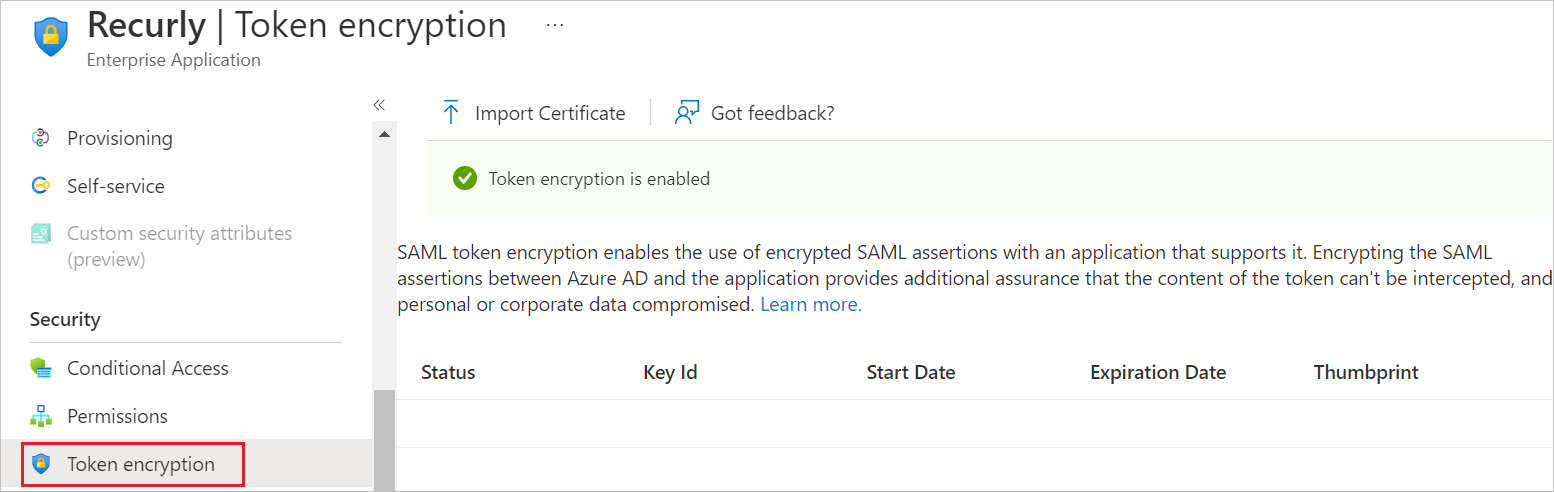 Screenshot shows the activation of Token Encryption.