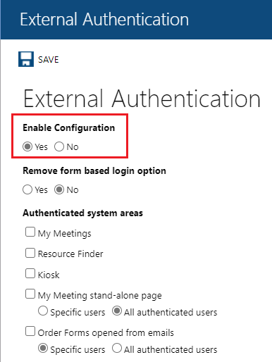 Screenshot that shows the Enable Configuration option selected in the External Authentication pane in Resource Central – SAML SSO for Meeting Room Booking System.