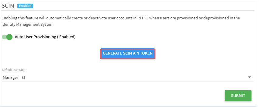 Screenshot of the S C I M section with the GENERATE S C I M A P I TOKEN option called out.