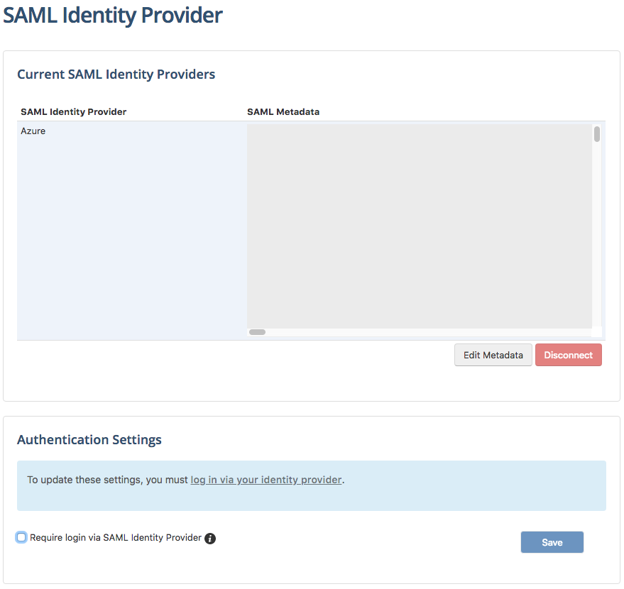 Screenshot shows the results in the SAML Identity Provider page.