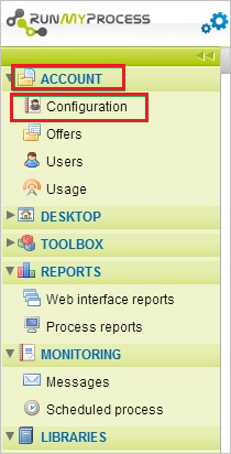 Screenshot shows Configuration selected from Account.